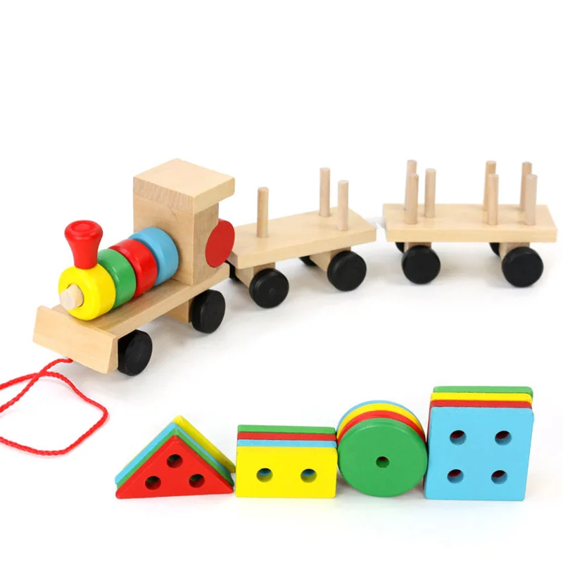 Montessori Wooden Pulling Train Car Unisex Sensory Educational Puzzle Walkers Geometric S Matching Toy for Kids and Children