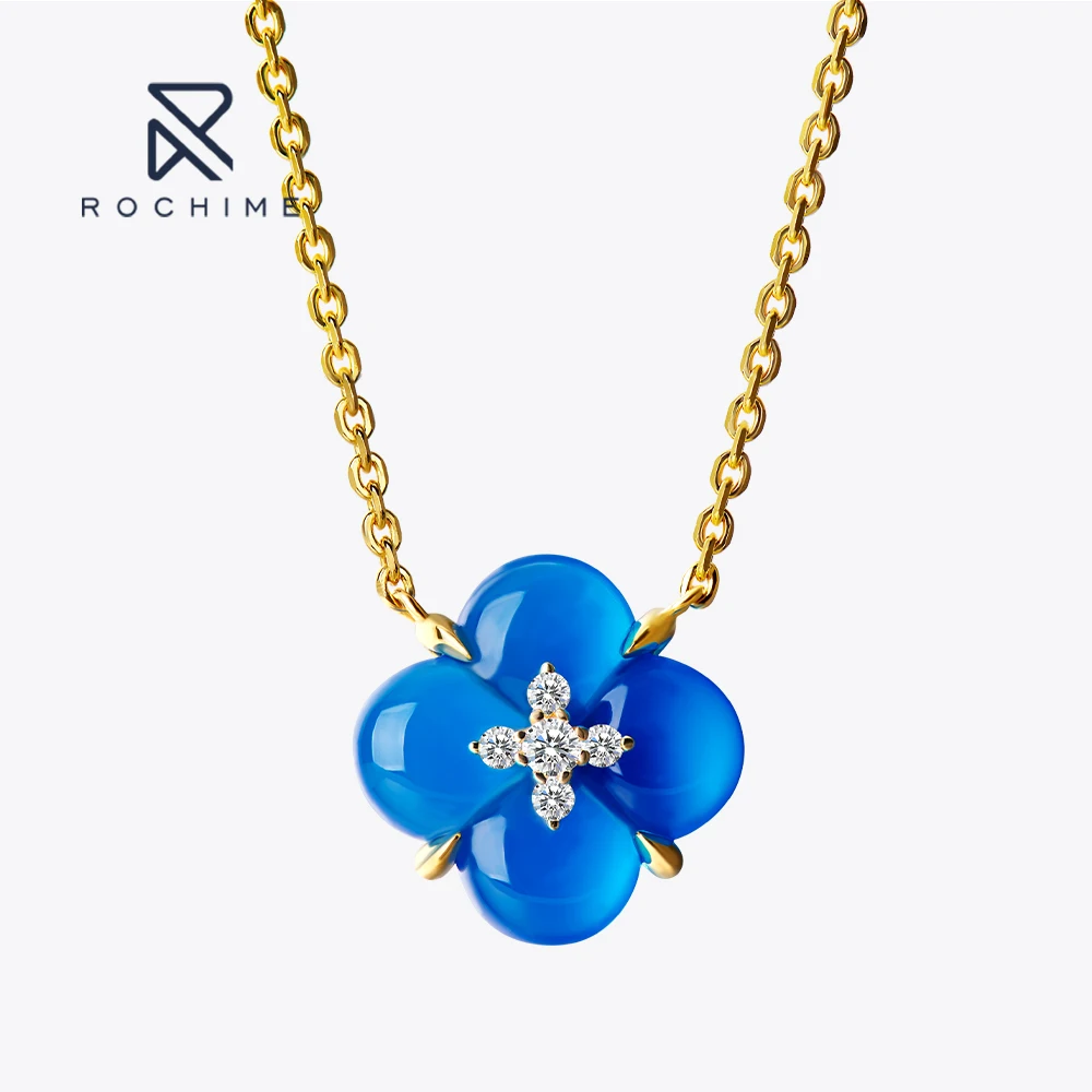 Rochime blue red  agate white  fritillary blossom pendant necklace 925 sterling silver 18k gold plated jewelry for women