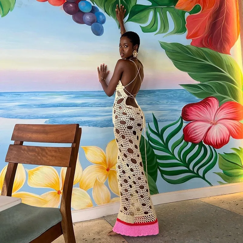 2024 Handmade Women Sexy Crochet Beach Dress Vacation Outfits See Through Hollow Knit Backless Maxi Dresses Summer Clothes