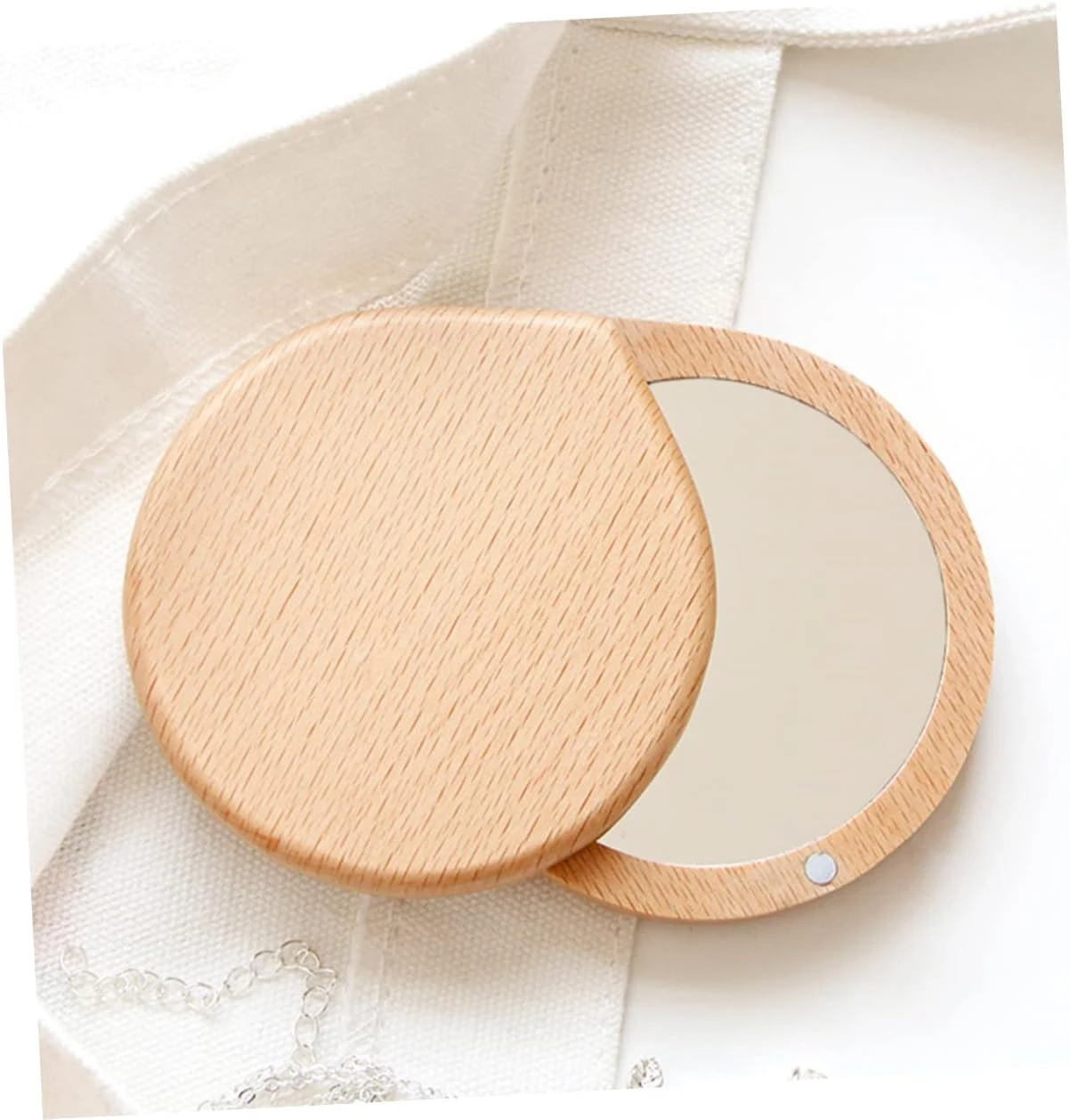 Women Wooden Custom Logo Round Mini Hand Held Rotating Design Travel Portable Makeup Mirrors Wood Compact Pocket Cosmetic Mirror