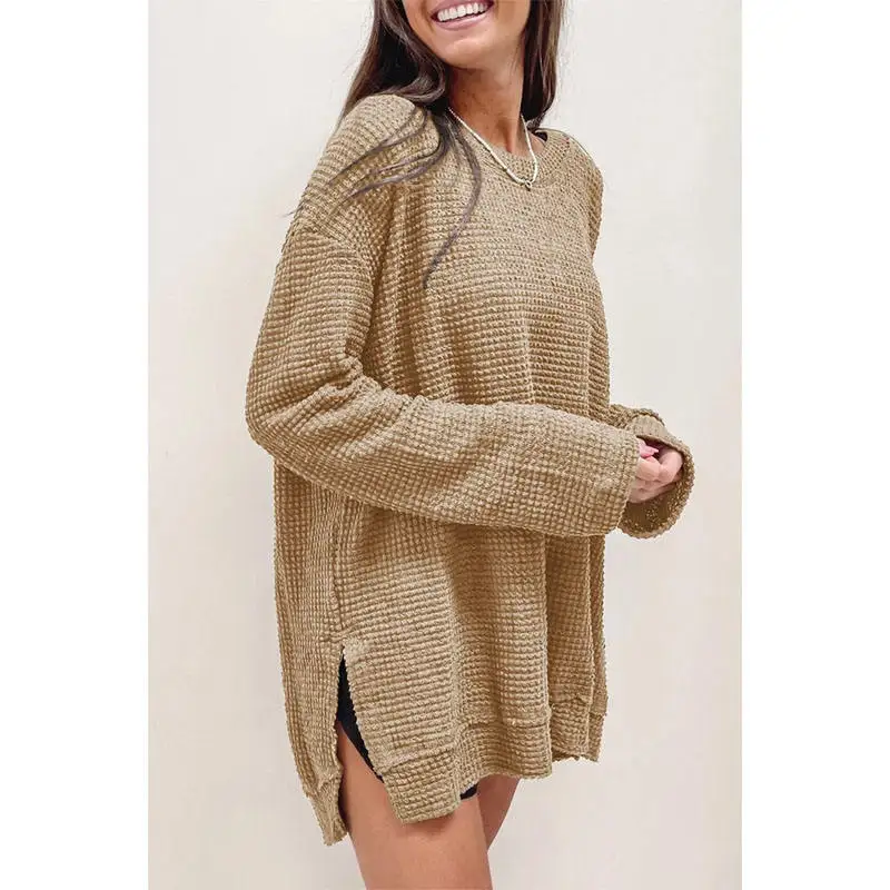 Custom Waffle Knit Drop Sleeve Side High Slits Oversize Top O Neck Women Sweater