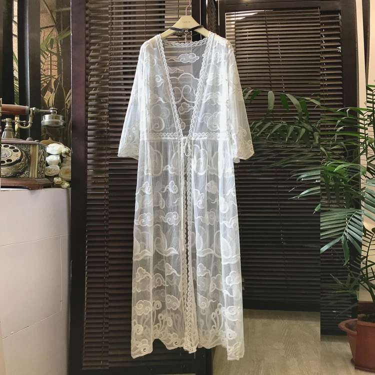 Chinese Long Hollow out Gauze Cover-ups Women Clothing 2021 Spring New Loose Sun protection Open Stitch kimono