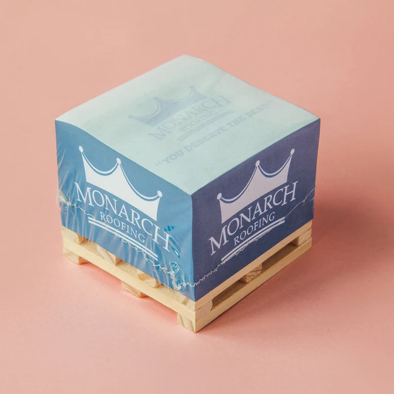 Custom logo 4 Sides Printed Memo Pad Cube Sticky Notes with Wooden Pallet