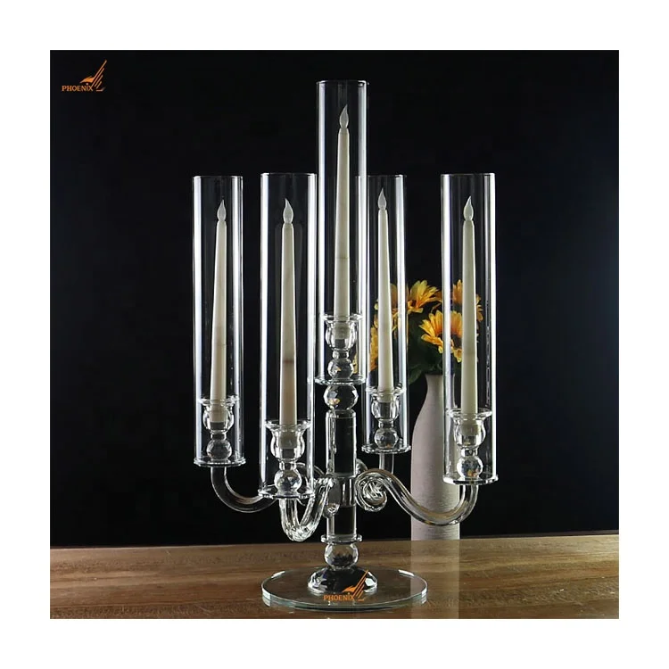 Luxury transparent candelabra centerpieces 5 arms crystal glass tube cylinder candle holders