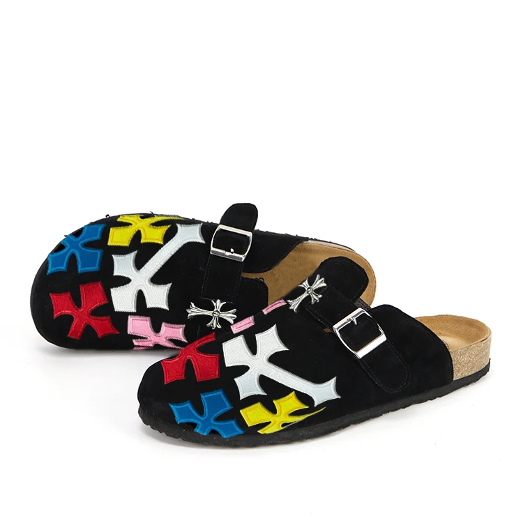 Custom Support Unisex Size 37-46 Cow Suede Leather Cork Sole Anti-Slip Mules Patchwork Clogs Slippers