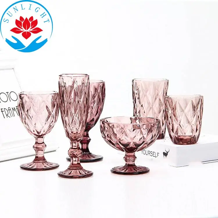 Factory  Wedding Party Vintage Green Goblet Champagne Water Glass Cups Colored Glassware Blue Grey Purple-pink Wine Goblets