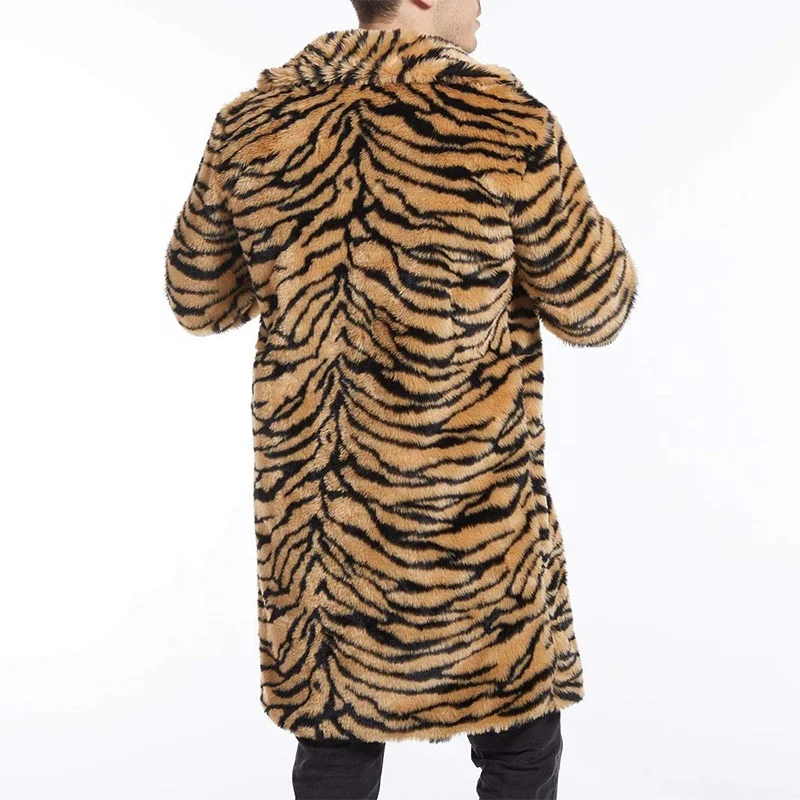 Mens Brown Faux Fur Coats Zebra Print Jacket Woolen Blazer Long Overcoat Tiger Print Tops Womens Cardigan Wool Coat