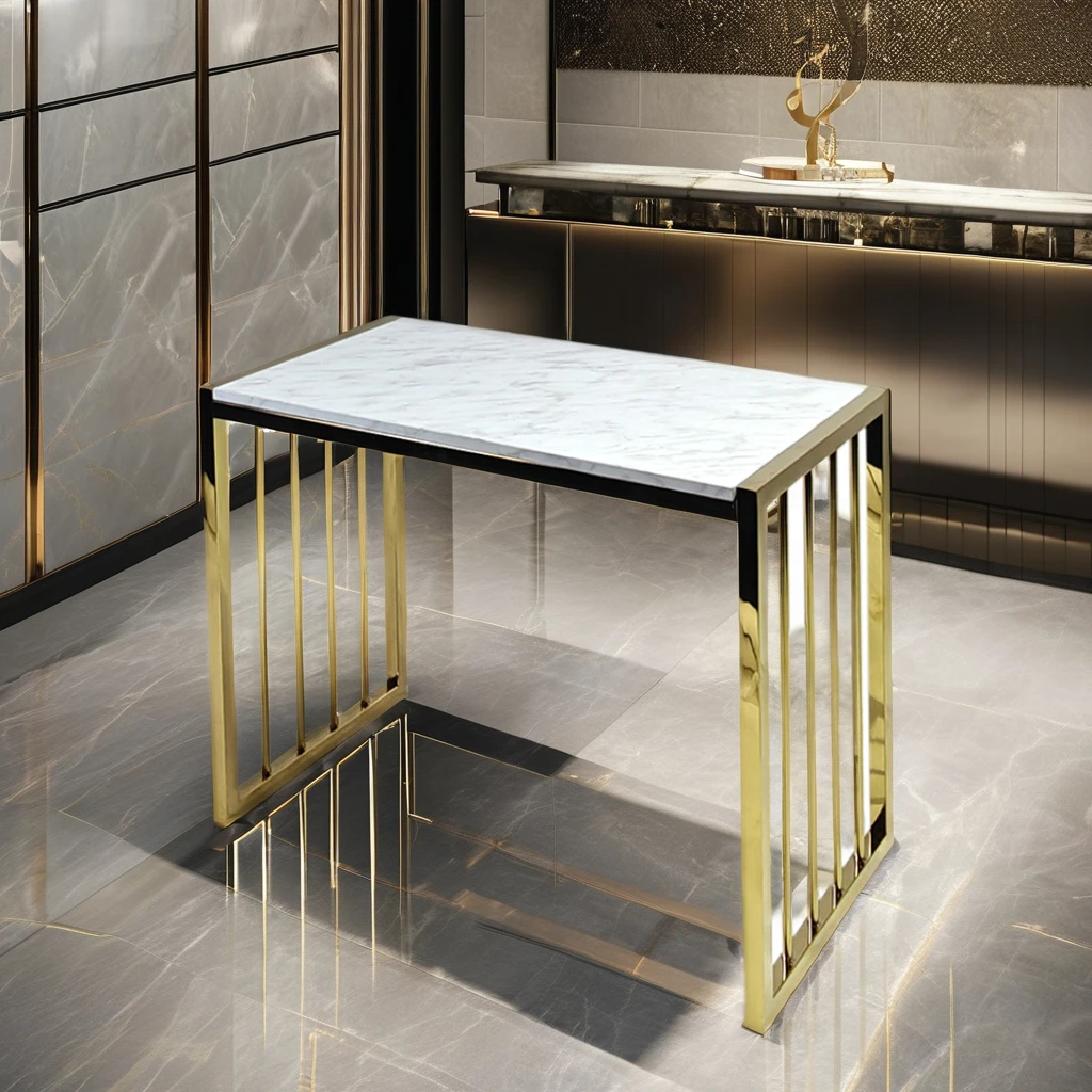 Heavy Duty Golden Display Rack Counter Table Set for Garment Shop Double-Sided Showroom Tables Clothes Store Metallic Material