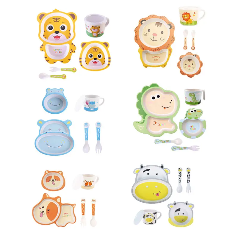 5 piece tableware set bamboo fiber kid eco suction plates dinnerware animal cartoon melamine bamboo kids dinnerware set for baby
