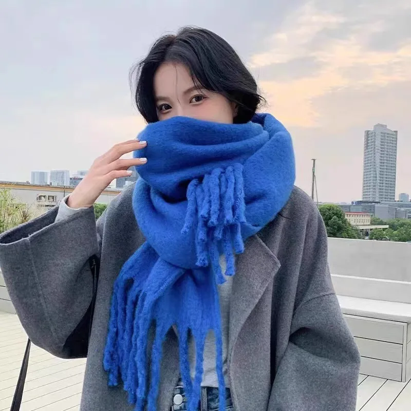 Winter Warm Woven Scarf Long Solid Color Women Thick Unisex Mohair Fabric Cashmere Warm Scarf With Tassel