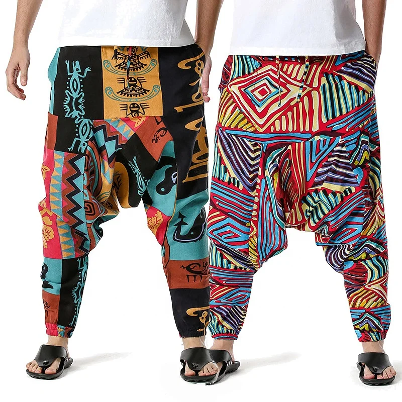 Mens Boho Hippie Pants African Drop Crotch Trousers Ethnic Graphic Joggers Hip Hop Costumes Tribal Clothing Baggy Pants