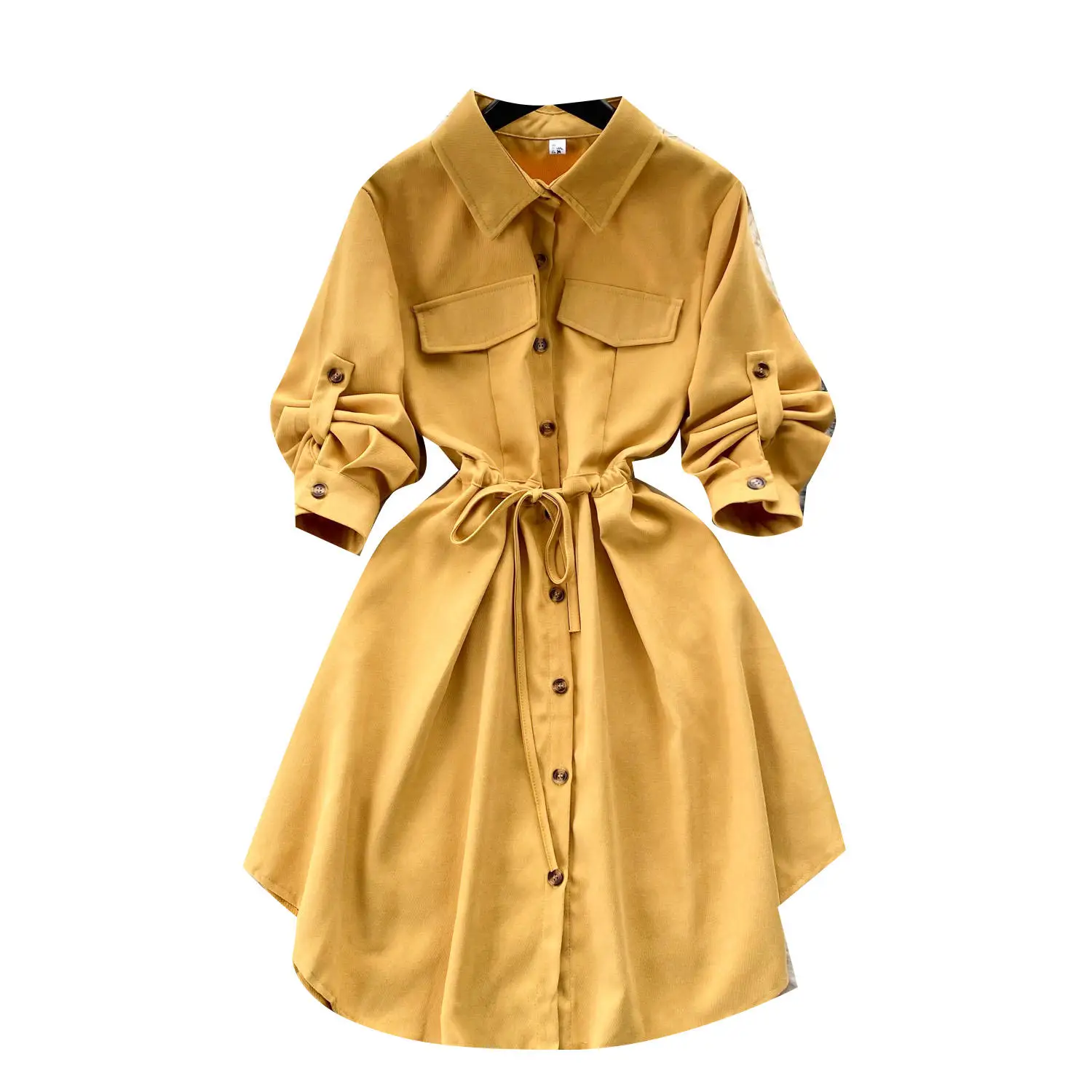 Autumn Vintage Asymmetric Tunic Slim Shirt Turn-Down Collar Midi Dress With Long Sleeves Empire Lace Dresses For Women