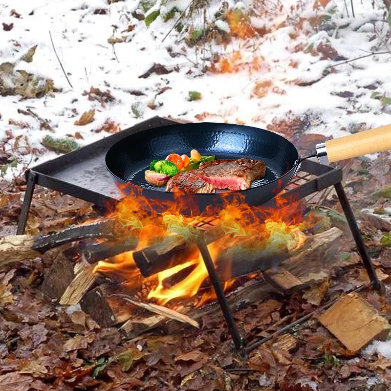 with wooden handle carbon steel pan camping cooking pans square