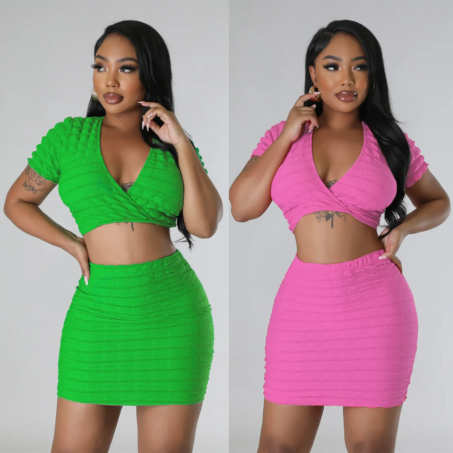 Summer new fashion V-neck shirt+skirt sexy solid color casual slim fit 2 pieces sets short sleeve elegant suits women clothing
