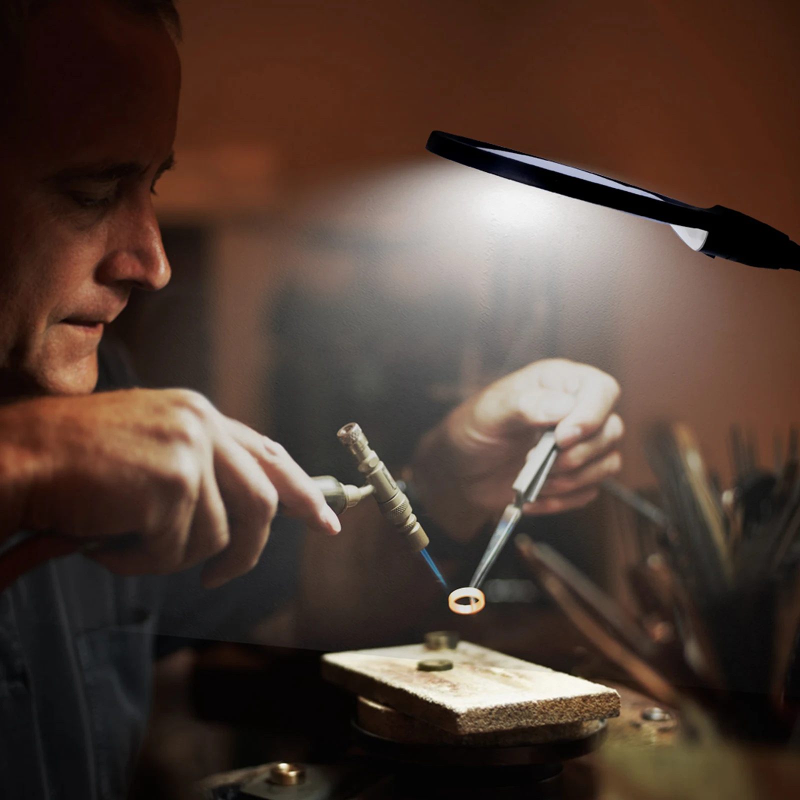 5X LED Desk Lamp Flexible Gooseneck Hands-Free Lighted Magnifying Glass 3 Color Temperature Reading/Crafting/Close Work Clip-On