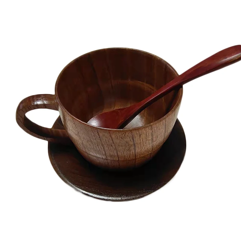 Eco Friendly Natural Wooden Tea Beer Coffee Handle Mug Cup Set With Wood Bottom And Spoon