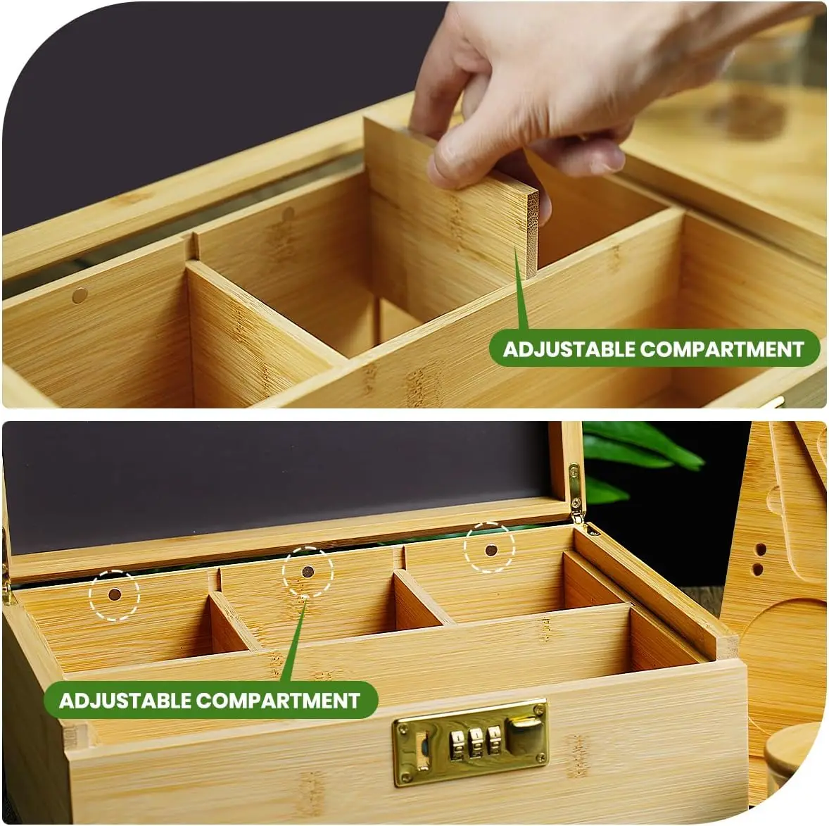 Large Bamboo Box with Combination Lock Decorative Box with Glass Jar & Brush For Home,Wooden Lockable Container with Large Tray