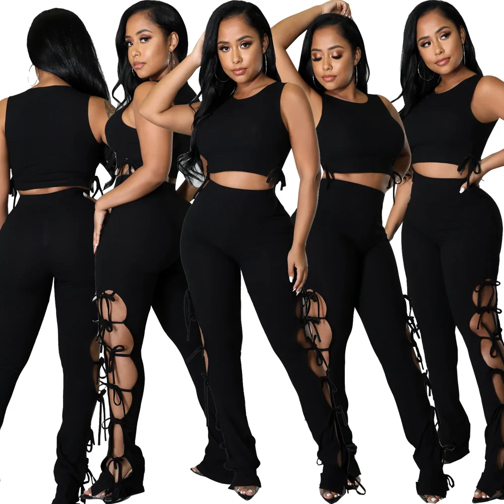 2022 New Trendy Custom Logo Crop Tops Two Piece Set Tank Tops Long Hollow Out Pant Women 2 Piece Summer Set