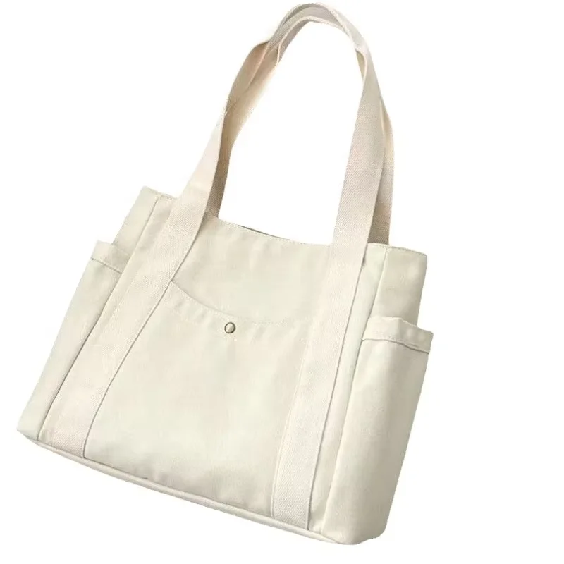 Custom Logo Size Printed Eco Friendly Canvas Shopping Bag With Multiple Pocket Cotton Plain Tote Bags For Women Shoulder Grocery