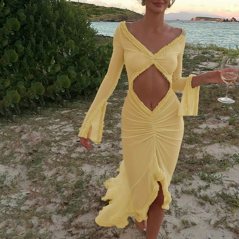 Summer Long Sleeves Mesh See Through Dresses Women Sexy V Collar Hollow Out Structuring Maxi Hem Beach Summer Dress for Women