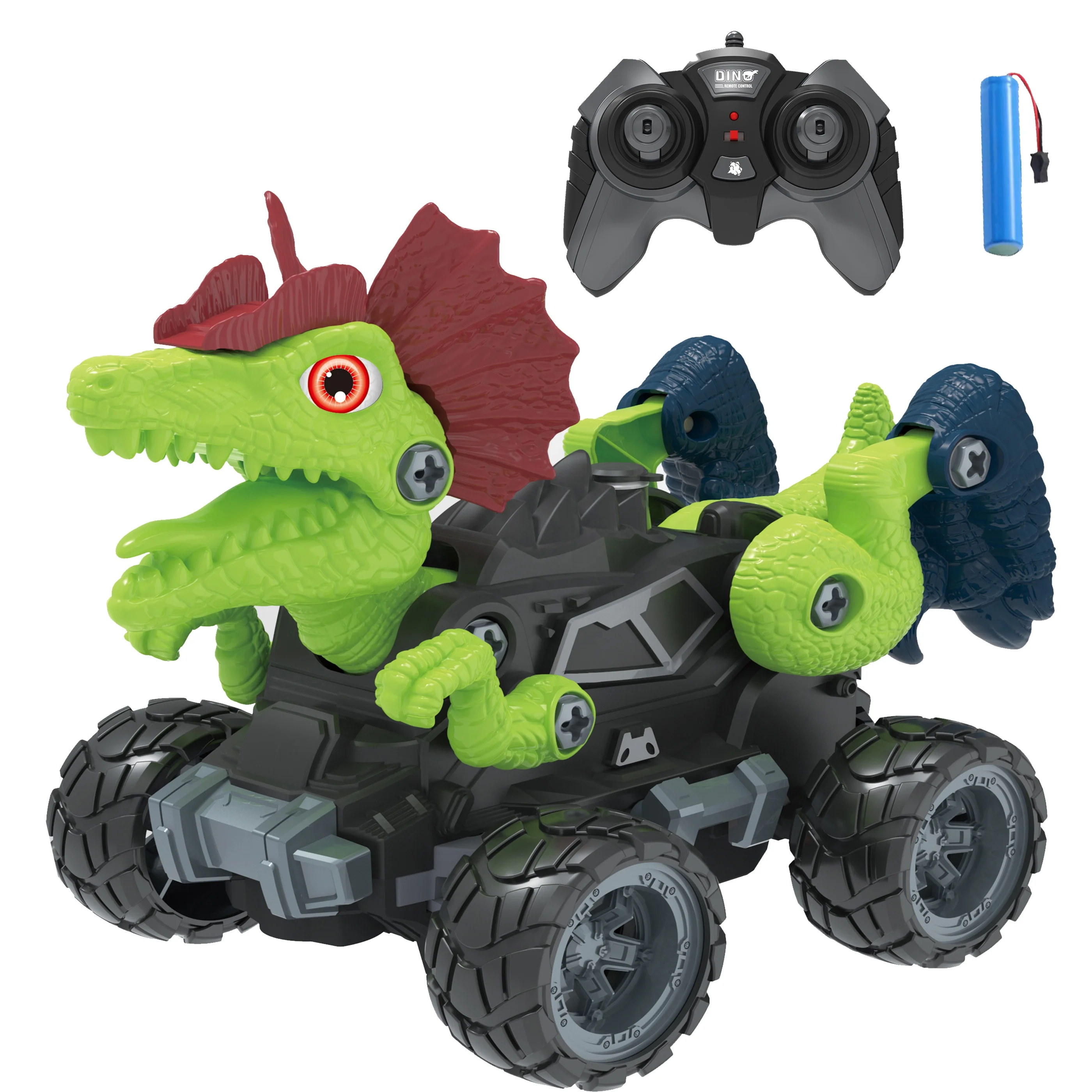 KK 2.4G DIY Dinosaur Monster Truck Toy Car with Light Mist Spray,Rechargeable Assemble Remote Control Dinosaur Car,Education Toy
