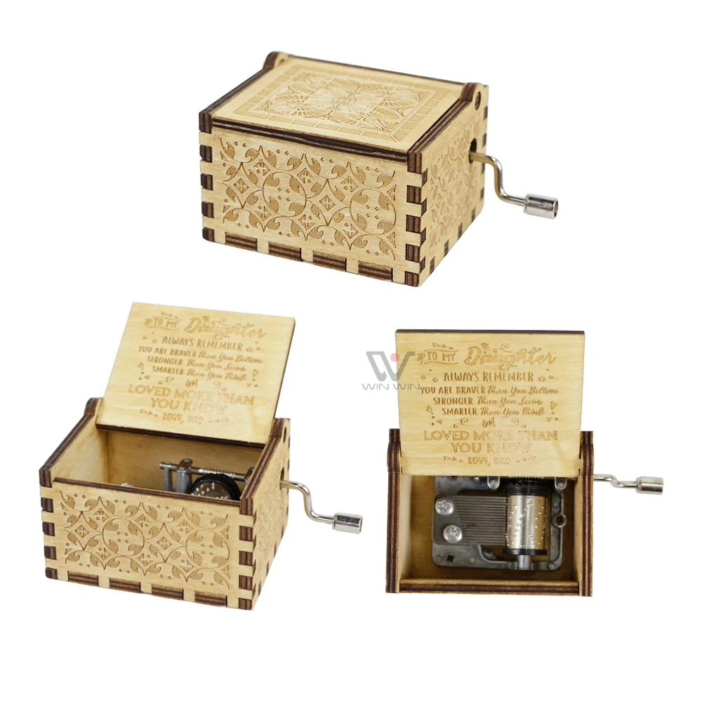 New Arrival Custom Mini Music Box Hand Crank Laser Engraved Hand Crank Wooden Music Box
