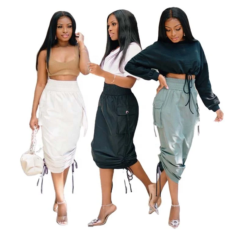 Z19875 New Fashion Bandage Bottom Skirt Solid Women Stylish High Waist Draped Designer Maxi Pleated Bandage Long Cargo Skirt