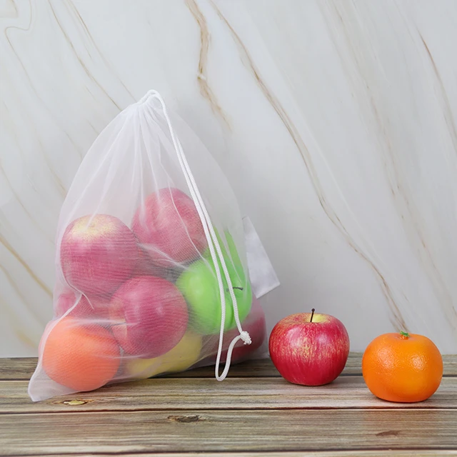 Custom Drawstring Reusable Produce Net Pouch Polyester White Vegetable Mesh Bags