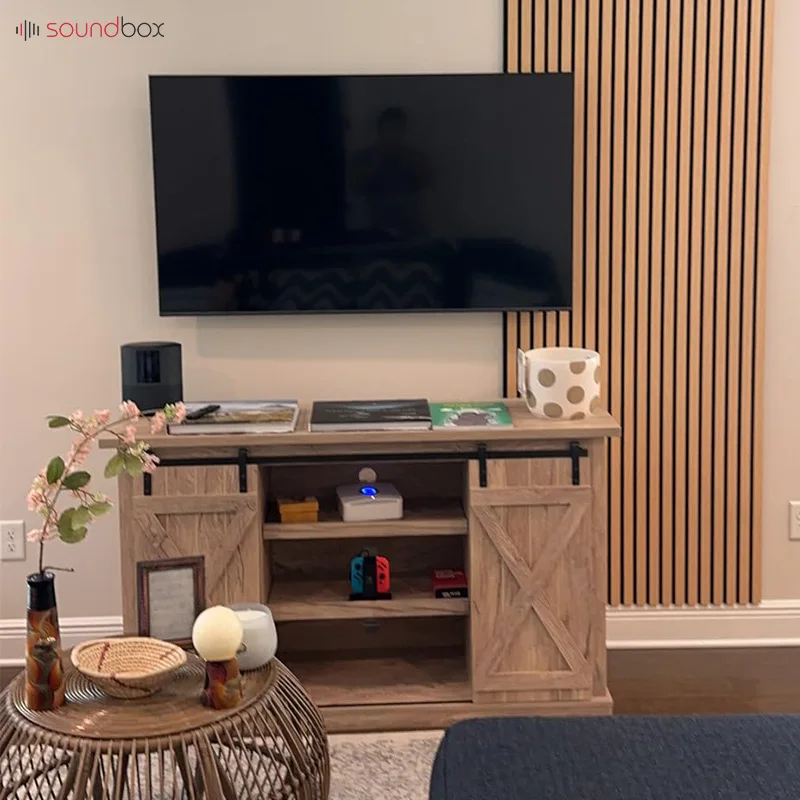 Soundbox luxury acoustic wall slatted 3d wood veneer panels 600x2400 akupanel acoustic panel wooden recording