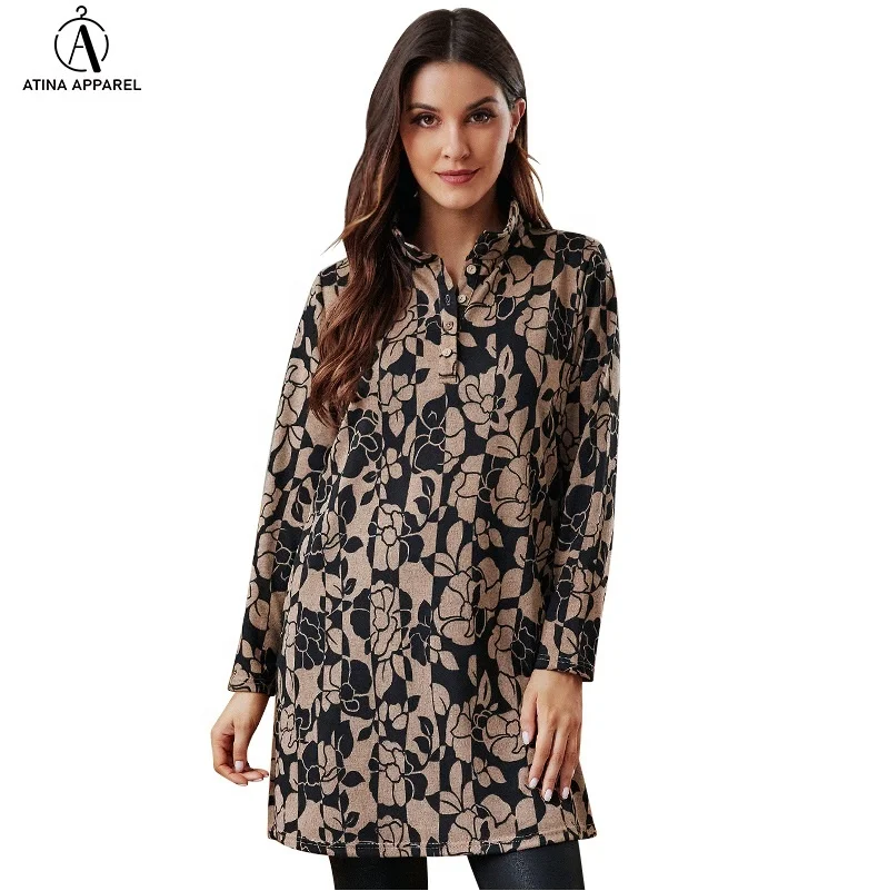 2021 Long sleeve New Woman casual clothing wire neck floral blouse and pockets dress