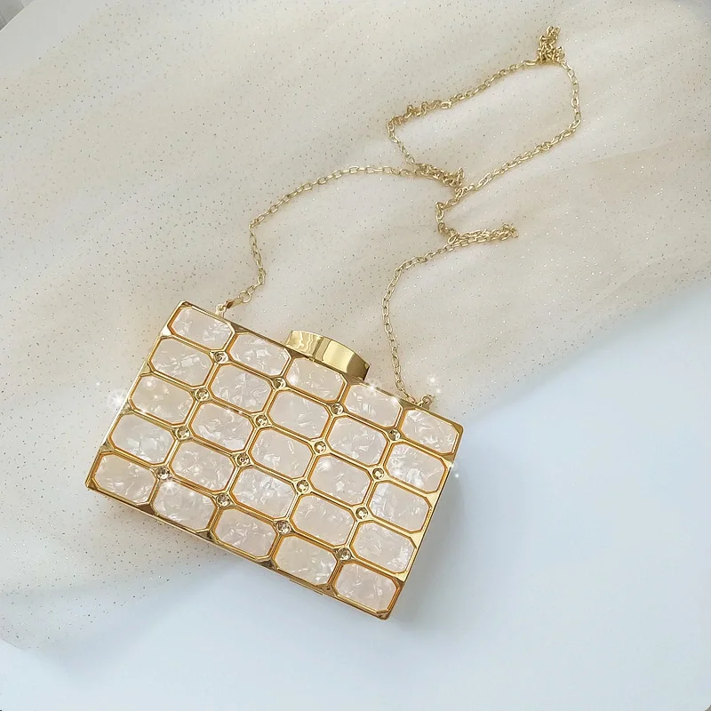Bridal Party Box Evening Purse Chain Marble Clutch Acrylic Bag for Women Solid Pattern Metallic Material with Rhinestone