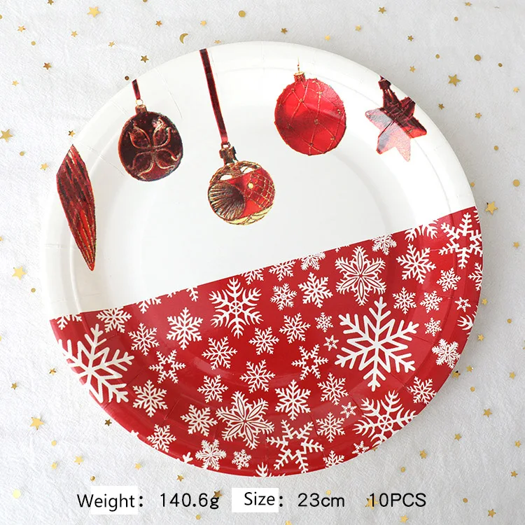 10pcs/set 7 Inch 9 Inch Plates Red Christmas Ball Party Disposable Tableware Set Forks Knives Spoons Cups For Party Supplies