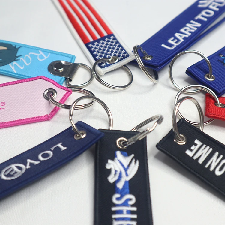 Polyester fabric edge wrapped keychain embroidered letter logo woven belt keychain minimalist gift pendant
