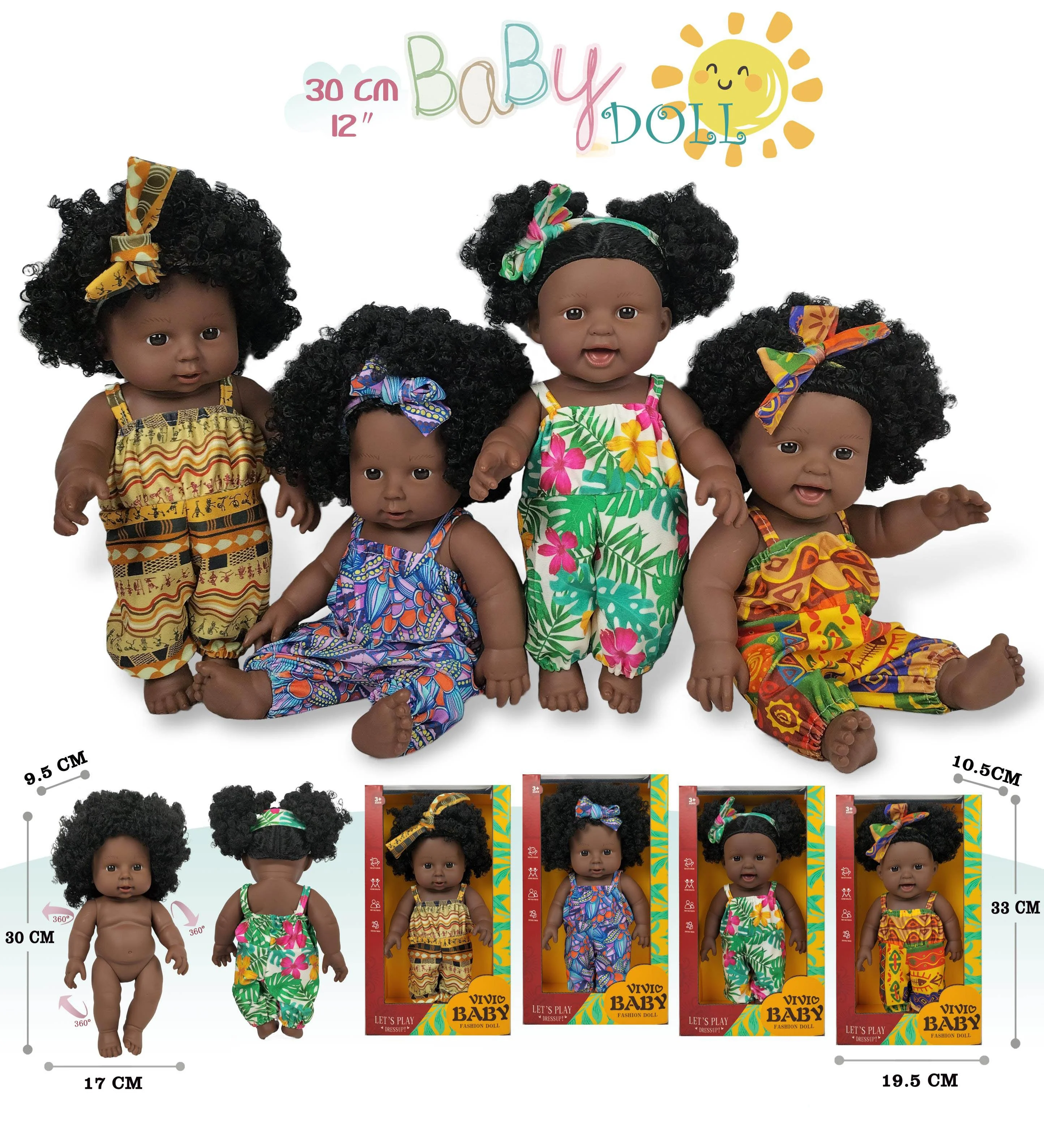 Wholesale 12inch lifelike vinyl baby black doll Newborn Baby With Curly hair