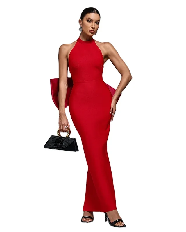 C3657 Fast Shipping Red Party Club Dresses Halter Sleeveless Bowknot Bandage Sexy Women Midi Dresses