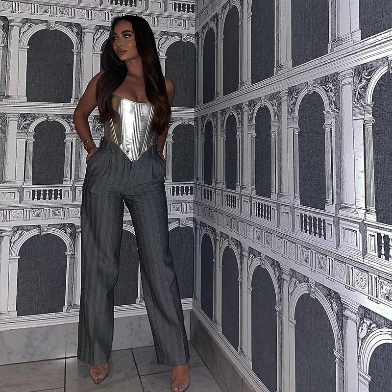 MAX APPAREL Metallic Shiny Corset Bustier Top Women Gold Silver Corset Leather Lingerie Strapless