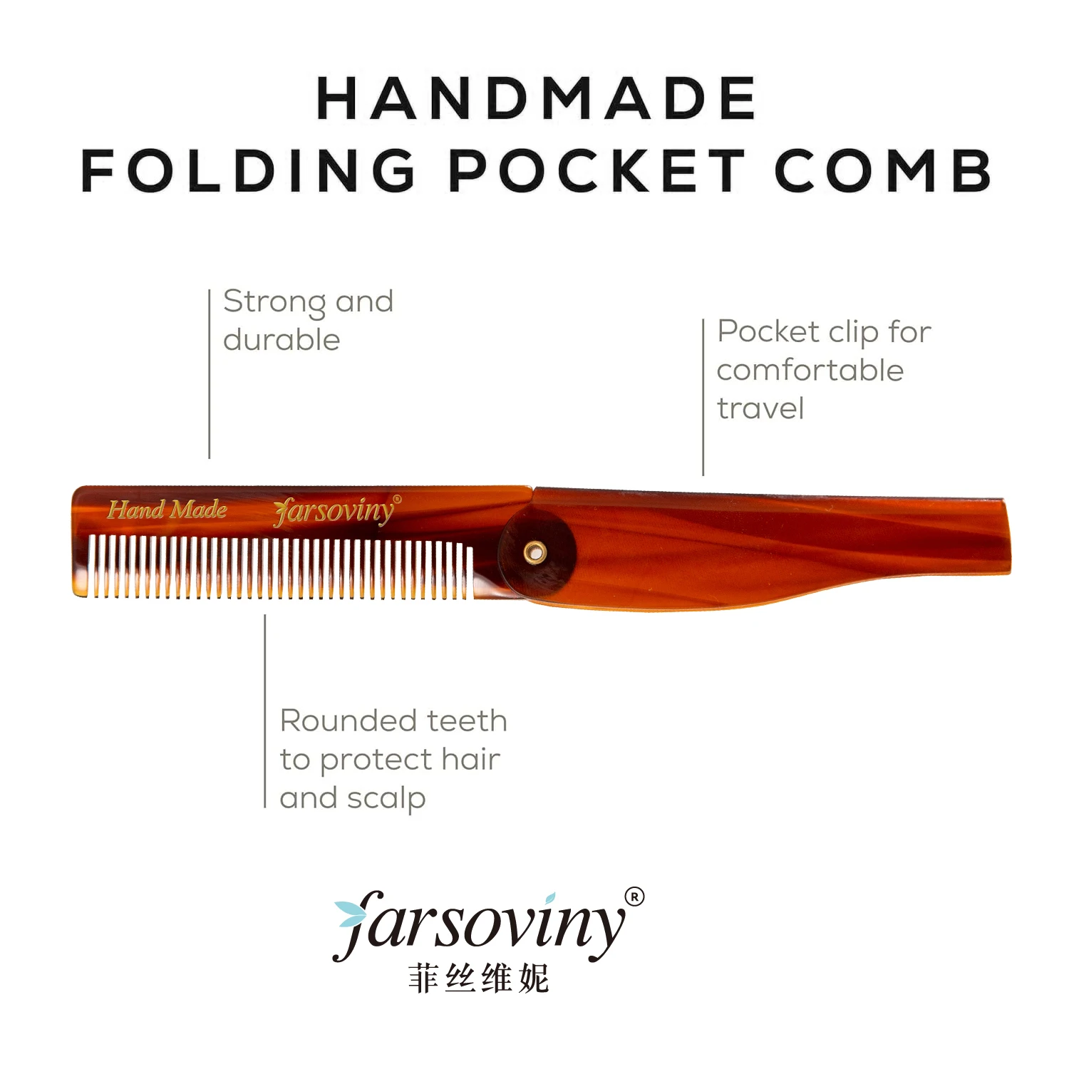 Handmade Folding Pocket Comb Fine Tooth Hair Comb Straightener for Everyday Grooming Styling Hair, Beard or Mustache