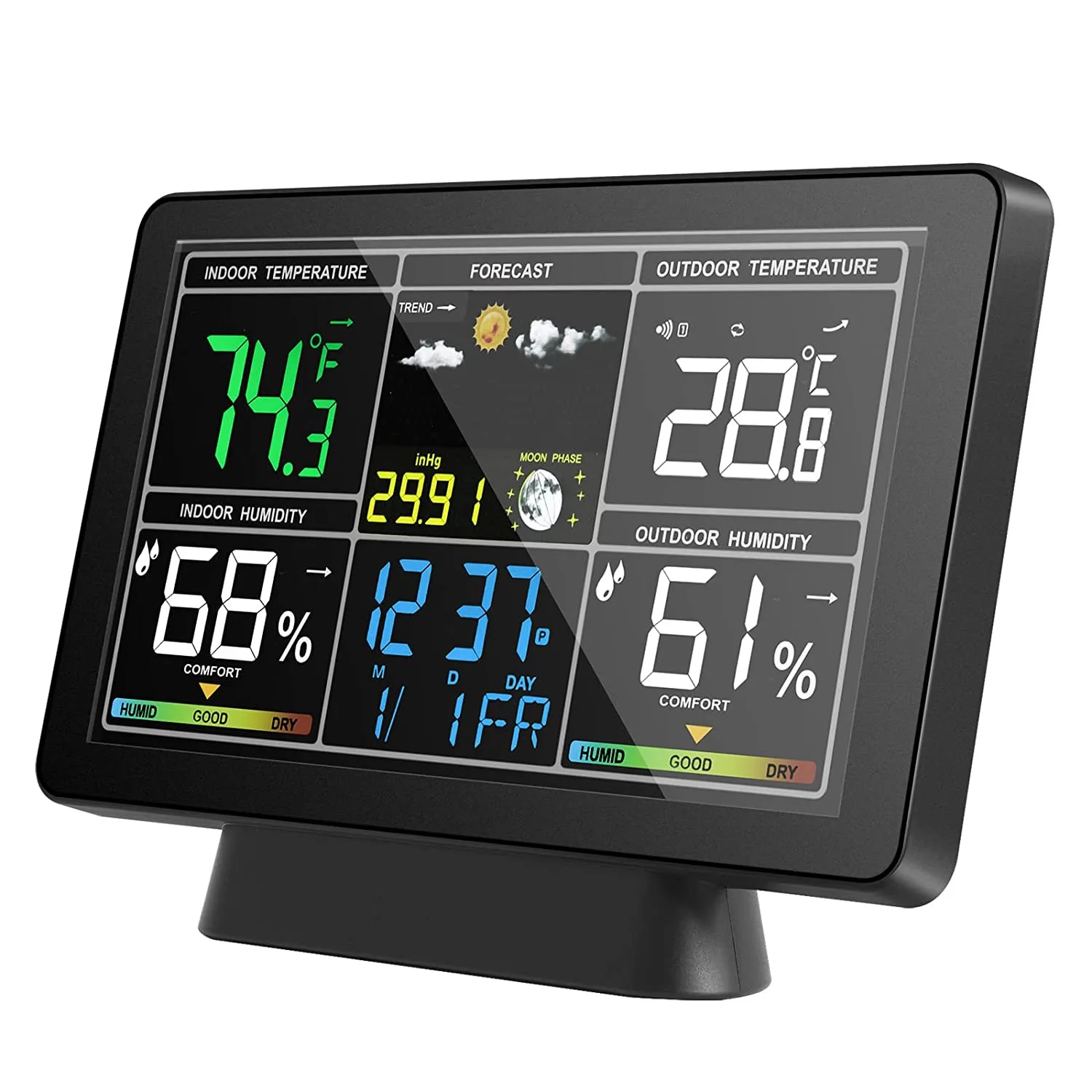 Colorful Digital Display Radio Control Indoor Outdoor Temperature Humidity Forecast Wireless Weather Station