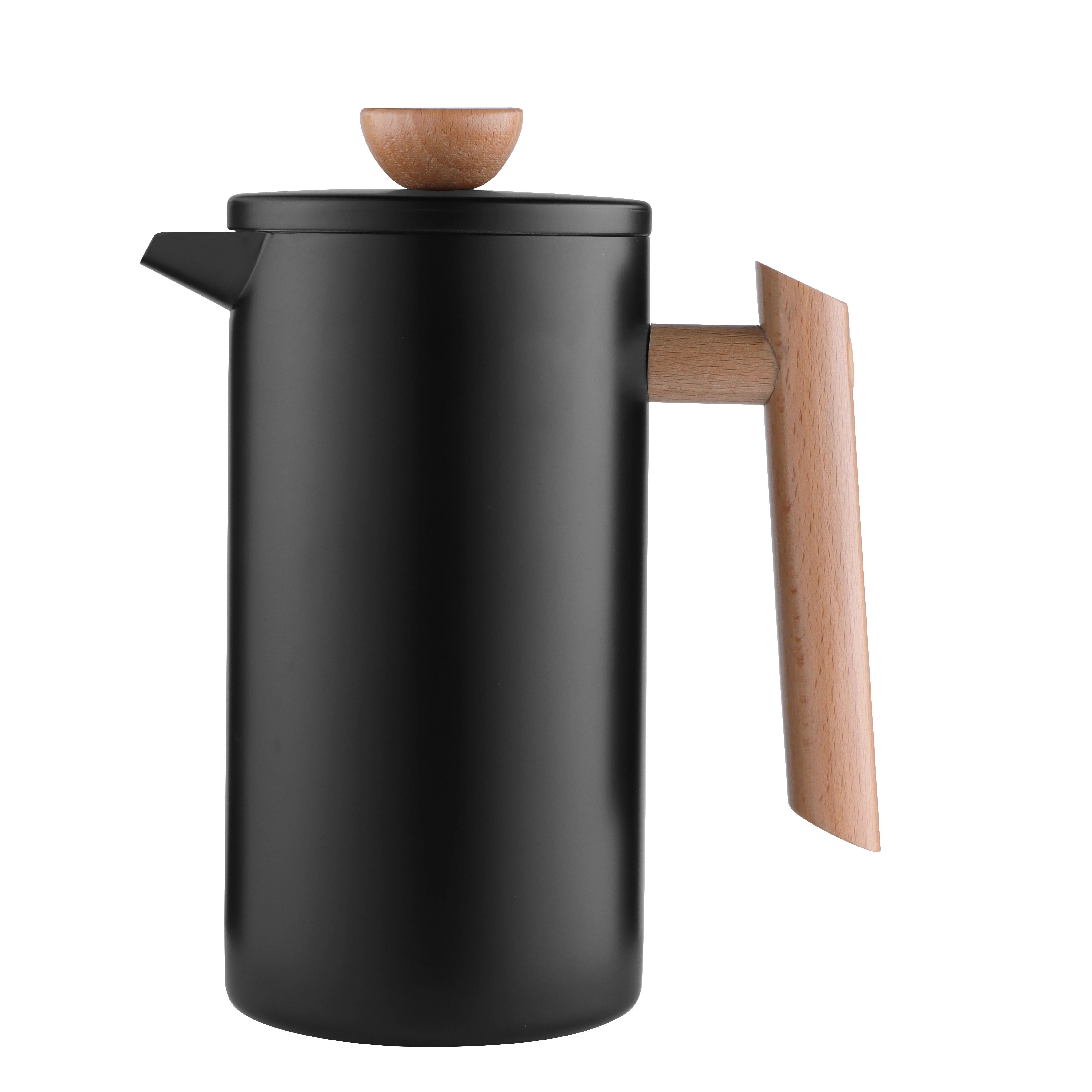 Emode Matte Black Double wall Insulated Stainless steel Coffee press With wooden handle &knobe  for Camping