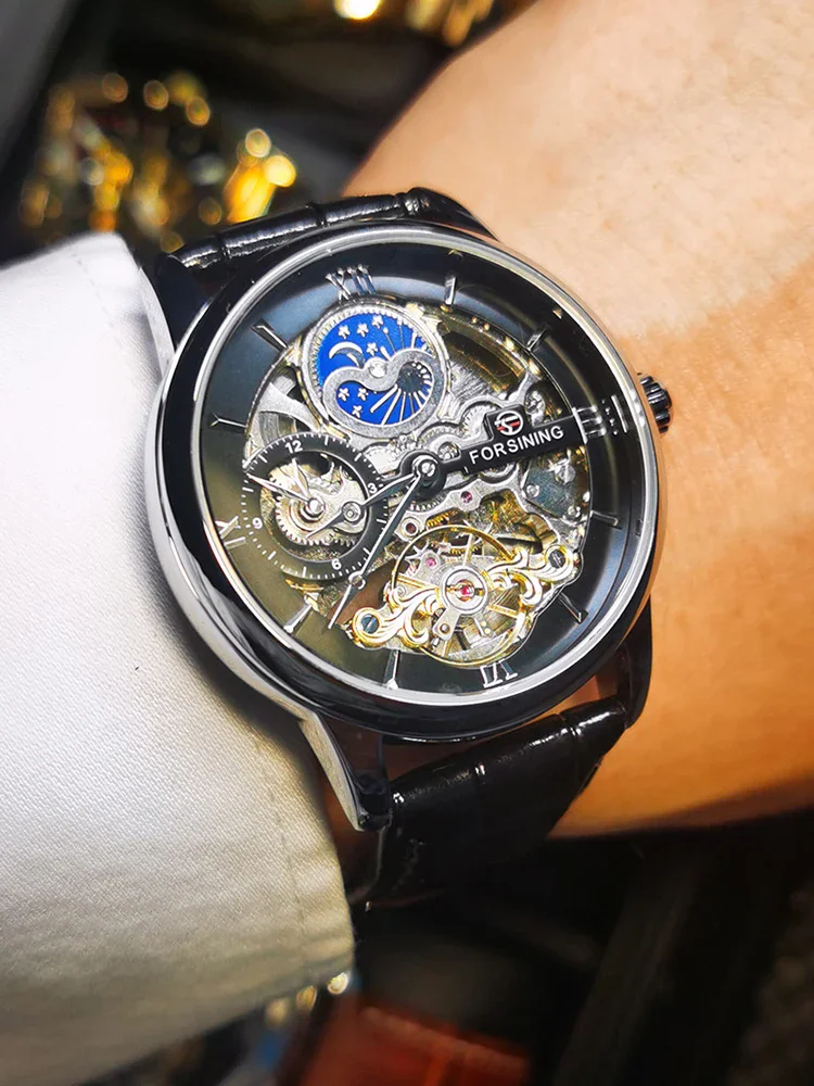 Forsining Luxury Skeleton Mechanical Watches for Men Dual Time Zone Tourbillion Automatic Watch Genuine Leather Strap Moon Phase