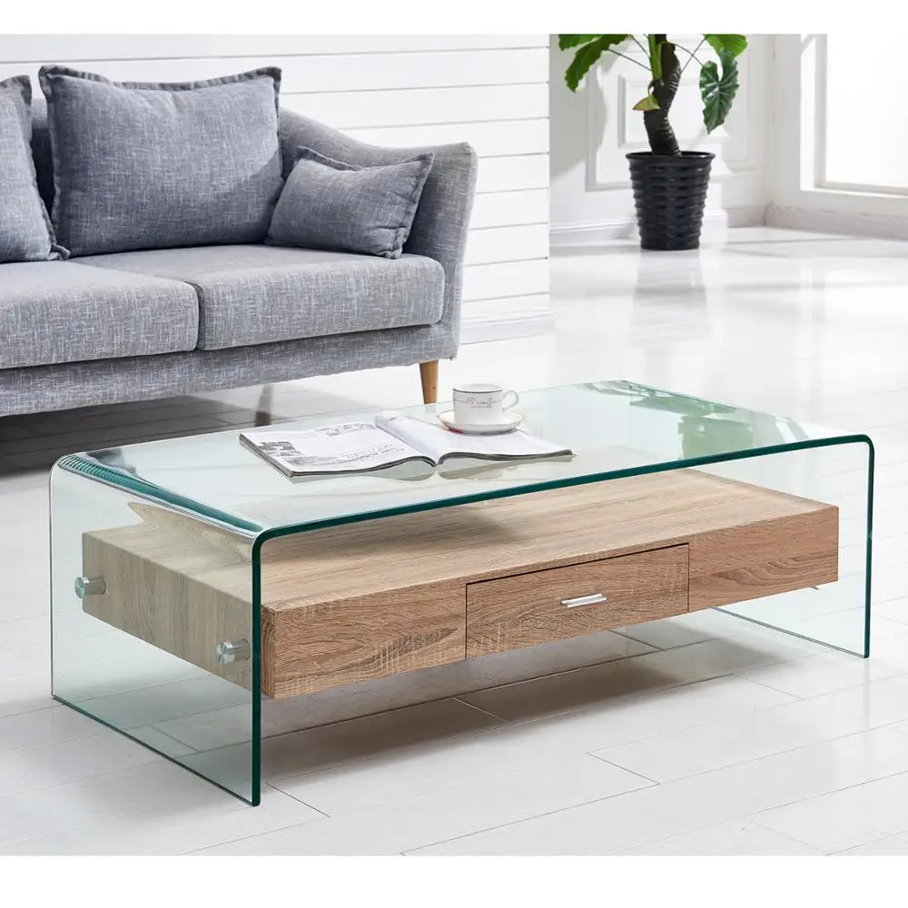 Modern Design Square Glass Coffee Table Wooden Drawer China Manufacture