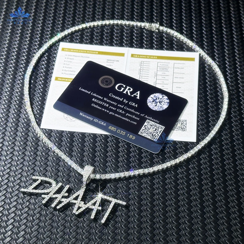 Customizable 925 Silver VVS D Moissanite Diamond Letter Necklace for Men Trendy Hip Hop Pendant Rhodium Plating Wedding Gift