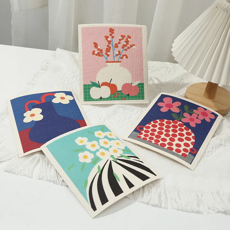 Custom Printing Reusable Absorbent Cellulose Dish Sponge Cloth Swedish Dishcloth Cleaning Cloths