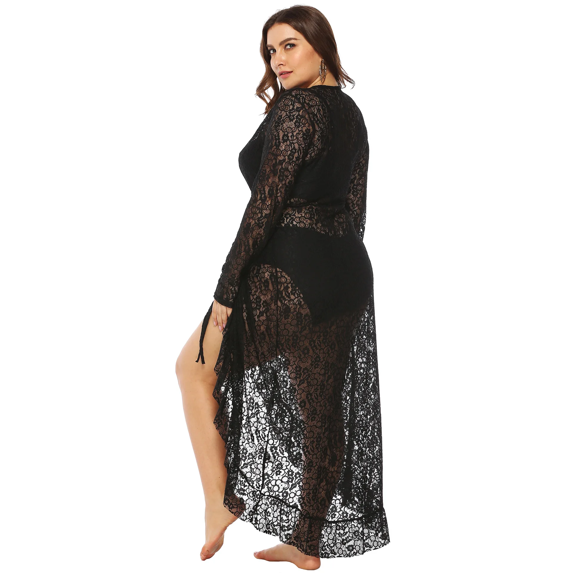 Factory  Lace crochet hollow out Irregular flounces plus size beach cover up dress see through pareo and sarong bikini cover ups