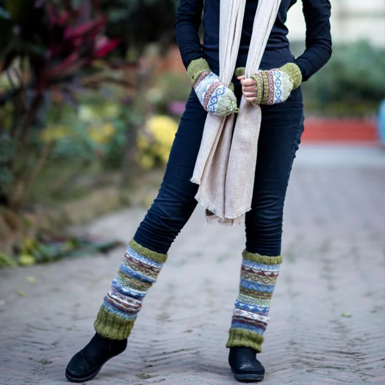 
Nipal Pure Handmade Olive Green Multi Pure Woolen Leg Warmers For Women 