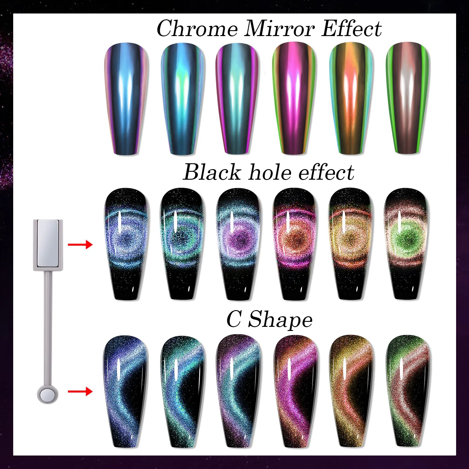 12 Colors Cat Eyes Nail Powder Chameleon Magnetic Powder 5D Cat Eye Effect Mirror Effect with Magnetic Stick for Velvet Nail Art