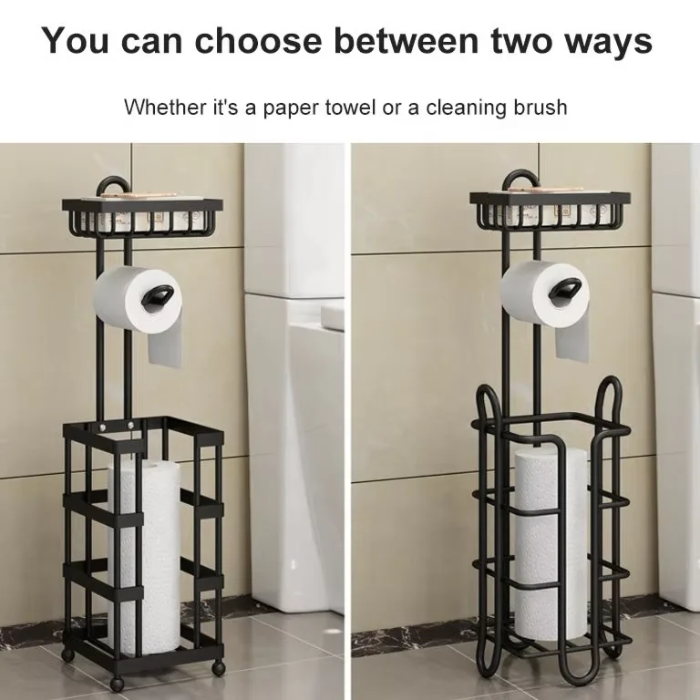 Wholesale Anti Rust Standing Toilet Tissue Roll Storage Rack Black Toilet Paper Holder Stand For Bathroom