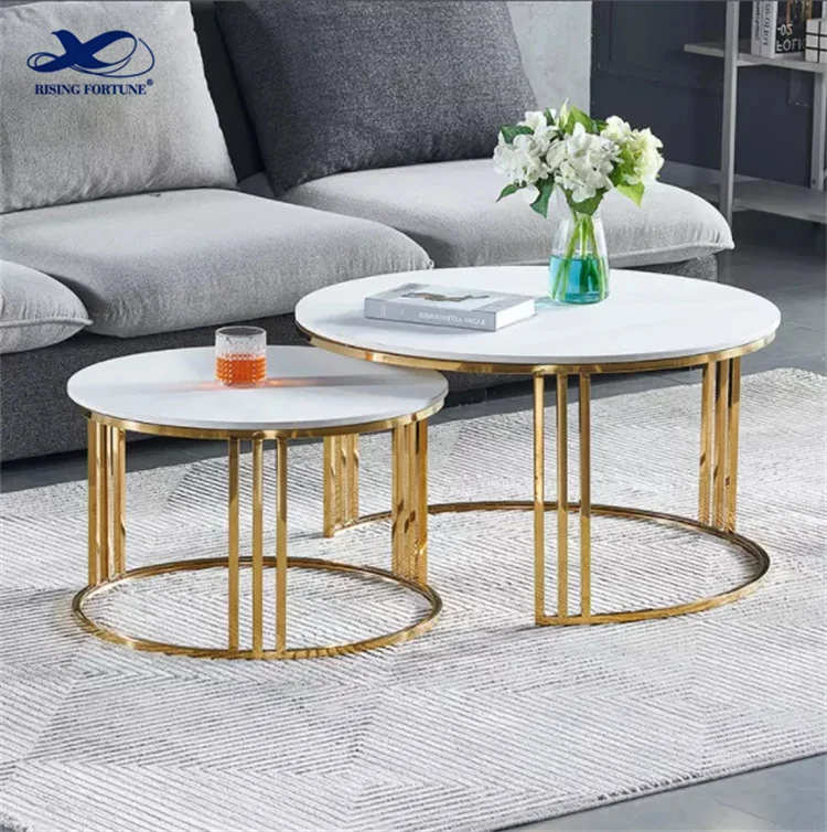 Contemporary Round Nesting Coffee Table Bent Black Gold Metal Side Glass Marble Stone mdf Wood Nest of 3 Table Set Nesting Table