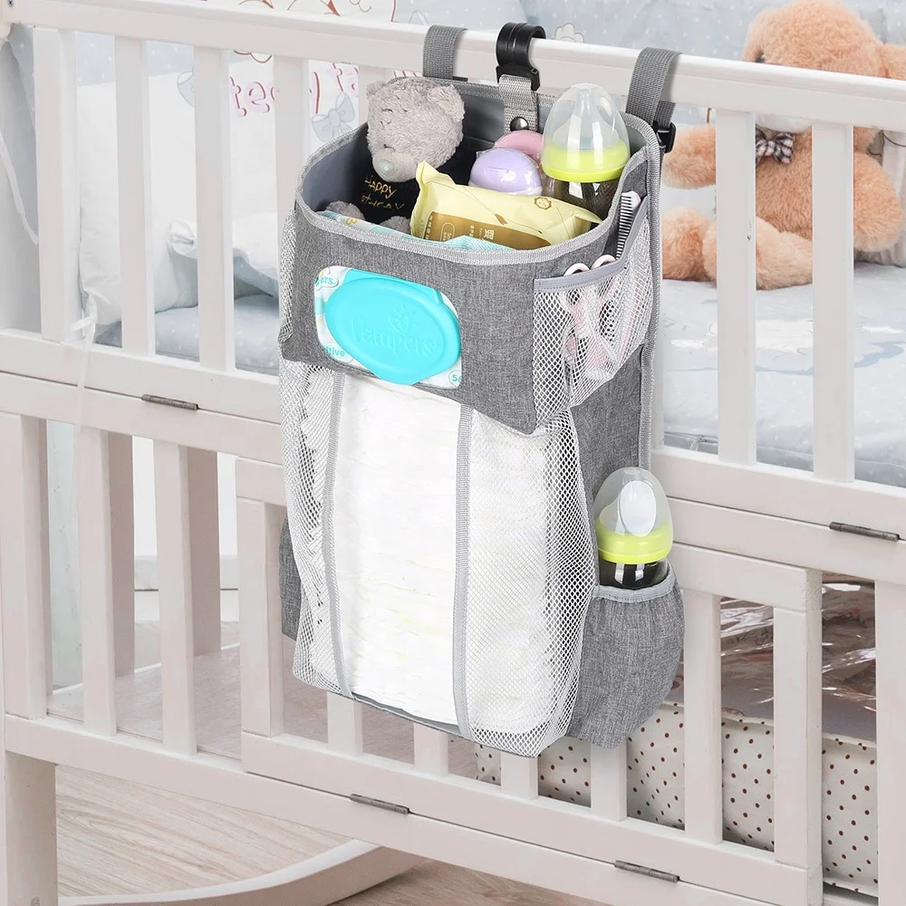 Latest New Gary Striped Oxford Cloth Pp Board Baby Hanging Baby Nursery Bedside Organizer With Mesh Bag