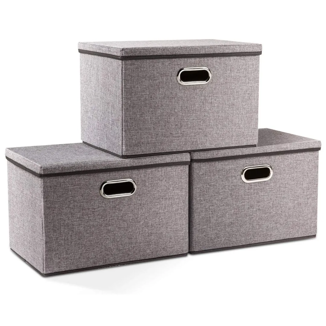 Collapsible Linen Fabric Storage Bins with Cover for Wardrobe Clothes Organizer Home Storage Organization